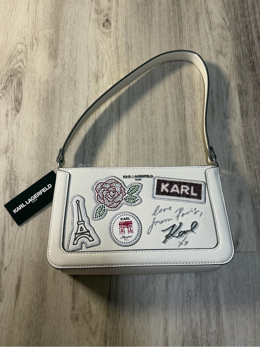 Karl Lagerfeld White Shoulder Bag with Patch Appliqués